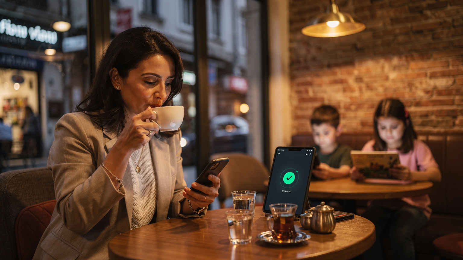 Bir kafede kahve içerken telefonunda VPN uygulaması kullanan bir anne ve arka planda oyun oynayan çocuklar.