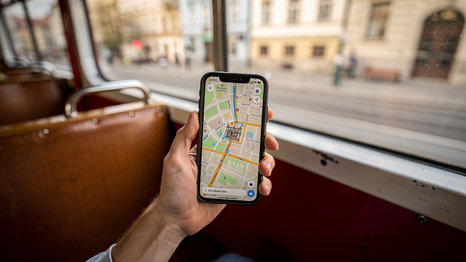 Ruka mladého študenta držiaceho mobilný telefón s otvorenými Google Maps, s offline mapou Prahy na obrazovke, zatiaľ čo sedí v historickej električke.