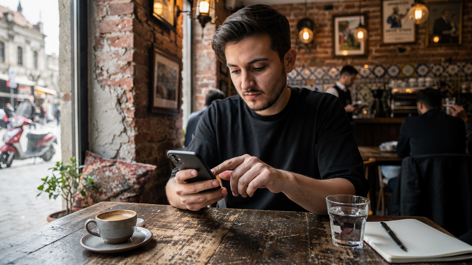 Bir kafede oturmuş, iki farklı SIM profilini etkinleştirmek için iPhone'unda Ayarlar menüsüne göz atan bir gezgin.
