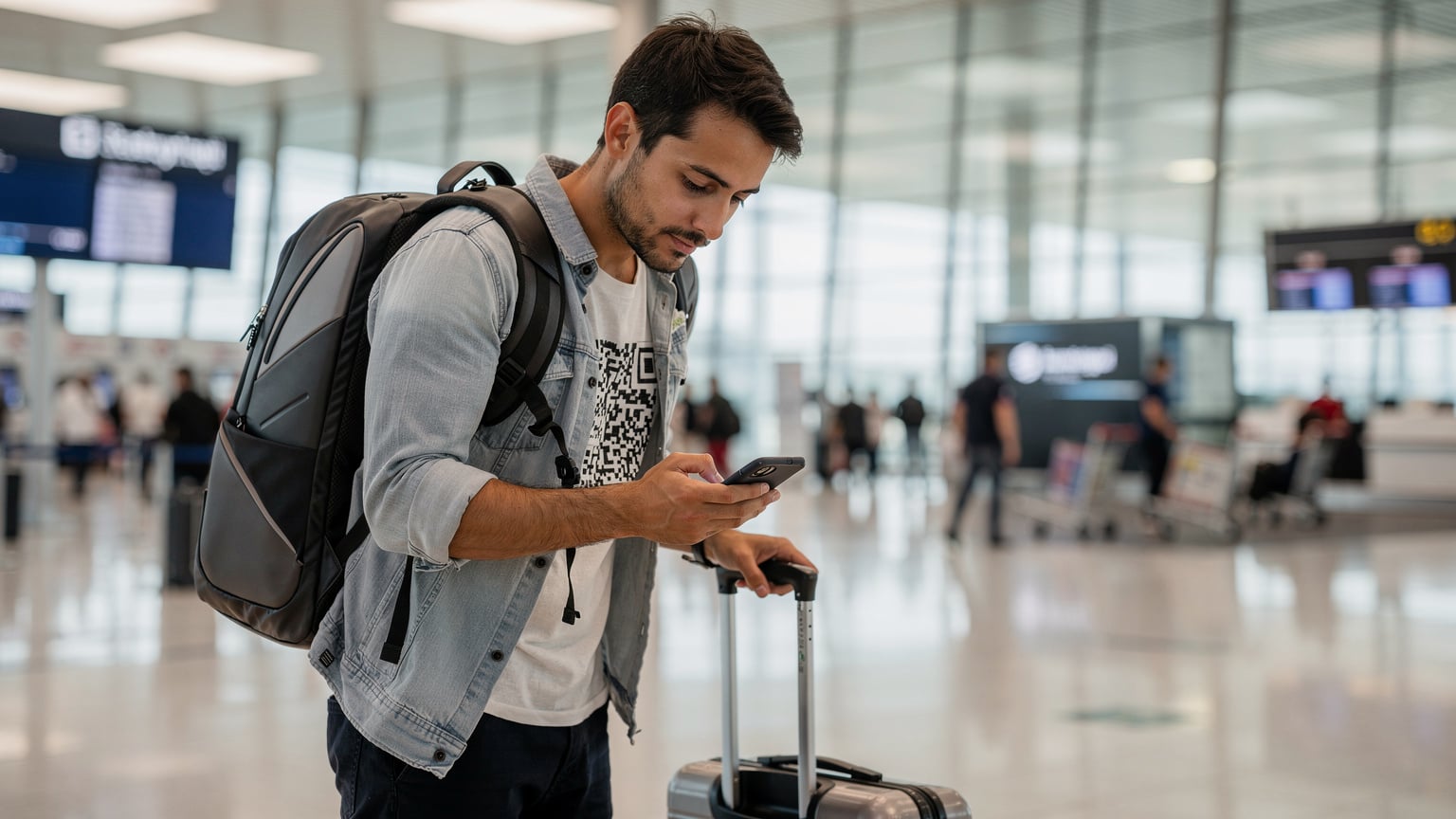 Ein Reisender in einem modernen, hellen Ankunftsbereich des Flughafens Istanbul scannt einen QR-Code auf seinem Smartphone, während sein Rollkoffer neben ihm steht.