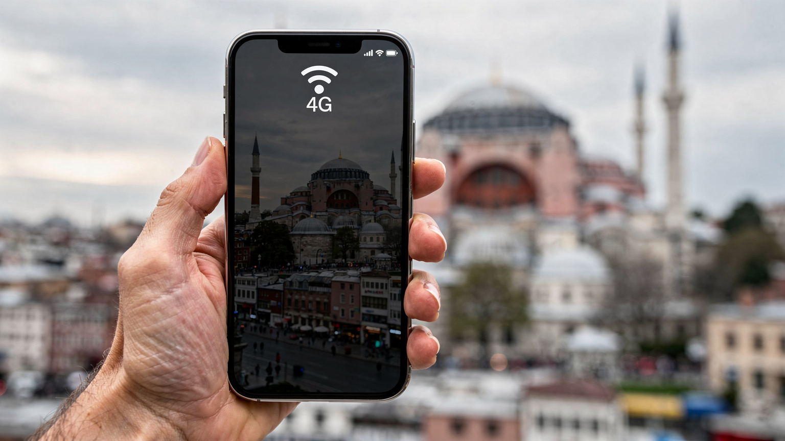 Eine Nahaufnahme einer Hand, die ein Smartphone vor dem Hintergrund der majestätischen Hagia Sophia in Istanbul hält. Das Display zeigt volle 4G-Signalbalken.