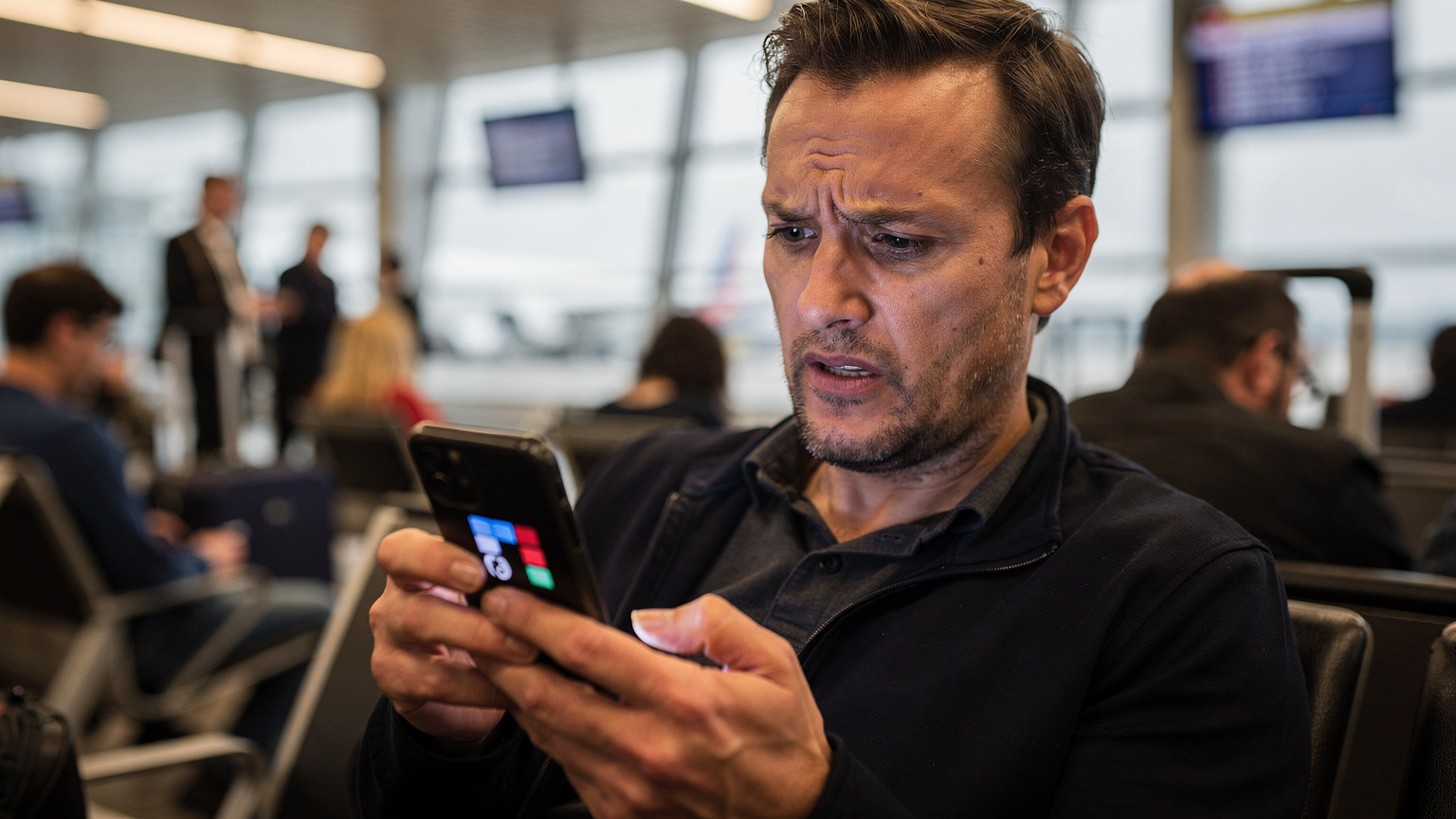 Засмучений чоловік у аеропорту дивиться на свій смартфон, де відображається повідомлення про відсутність мережі або закінчення пакету даних, що символізує типову проблему з роумінгом.