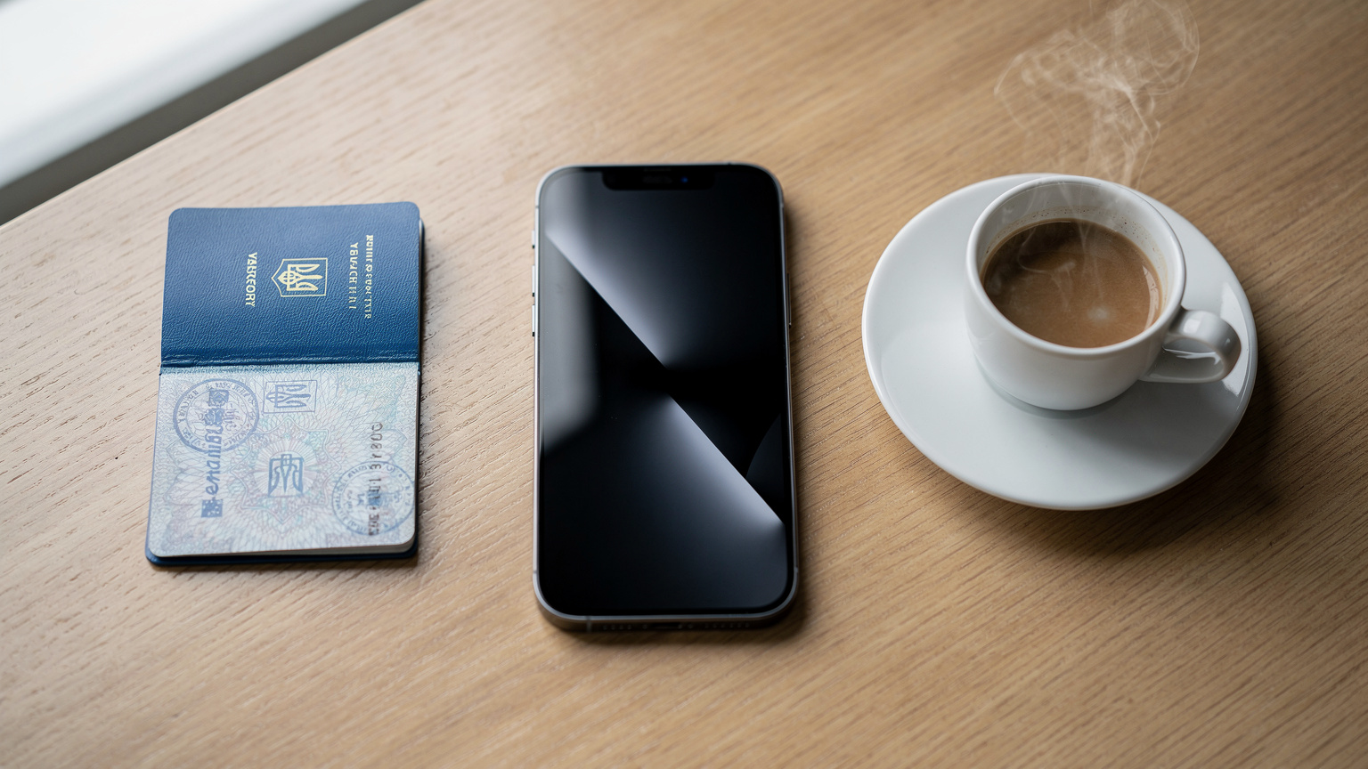 Сучасний iPhone з активованою eSIM, що показує кілька профілів мережі, лежить поруч із паспортом та чашкою кави на столі, демонструючи зручність підключення в дорозі.