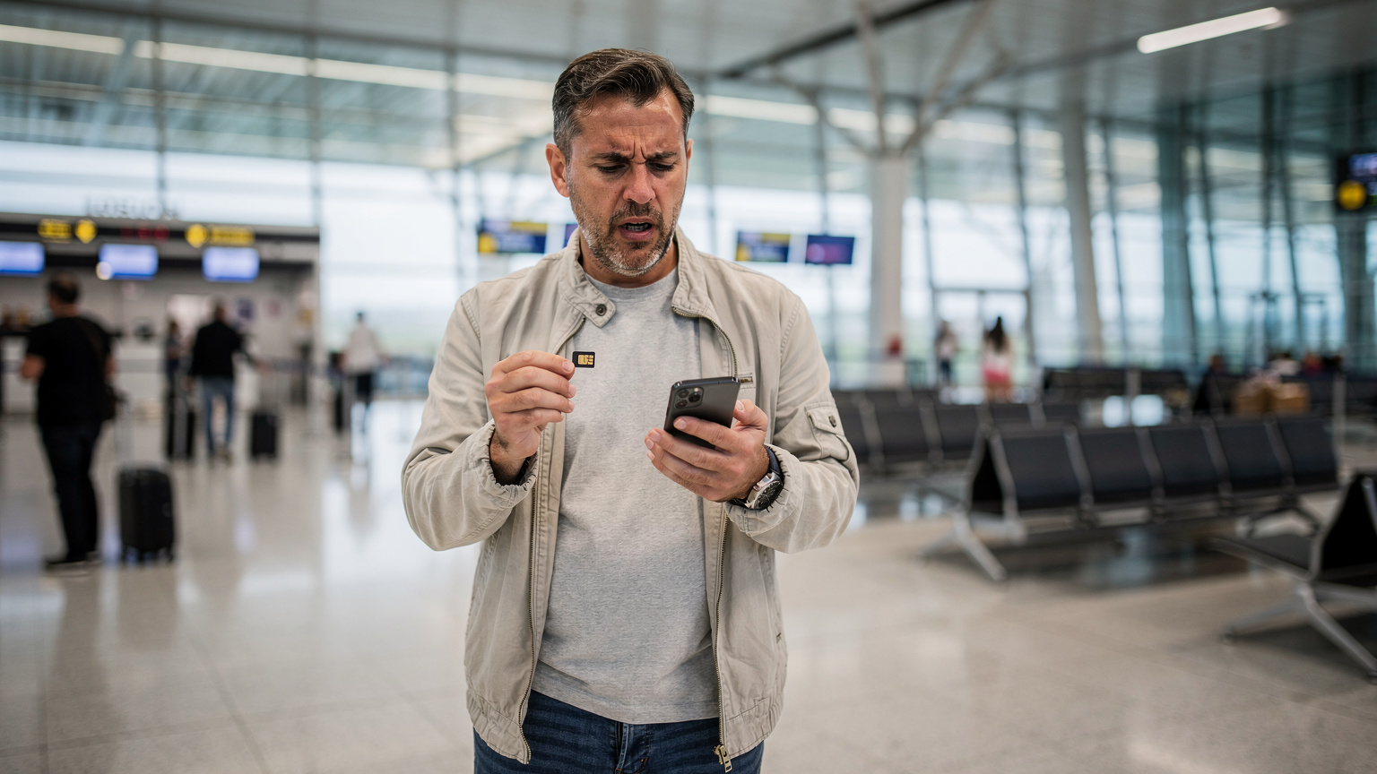 Zestresowany mężczyzna, około 40 lat, w nieformalnym stroju, stoi na ruchliwym lotnisku w Lizbonie (np. Portela), trzymając smartfon i małą fizyczną kartę SIM, z zmartwioną miną, w jasnym, sztucznym oświetleniu lotniska.
