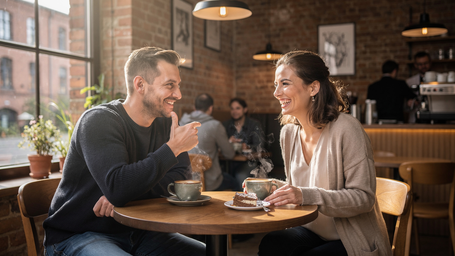 Hamburg'daki şık bir kafede, Kaffeeklatsch geleneğini yaşatan, kahve ve pasta eşliğinde sohbet eden iki arkadaş.
