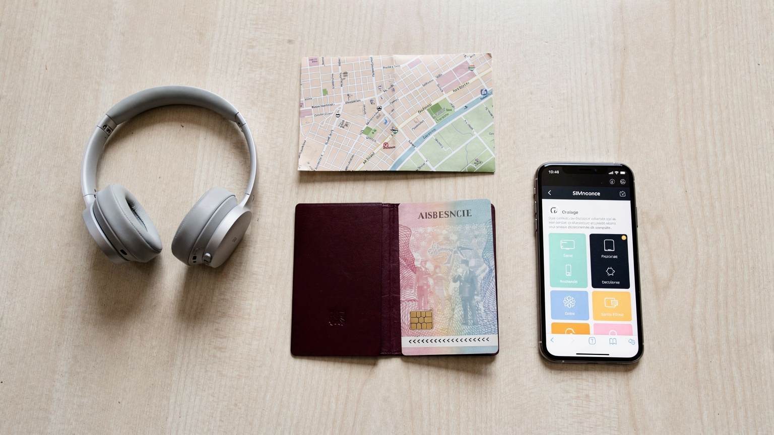 Un passaporto italiano aperto, un telefono con un'app eSIM aperta, cuffie e una piccola mappa piegata, disposti su un tavolo di legno in un caffè, pronti per un viaggio.