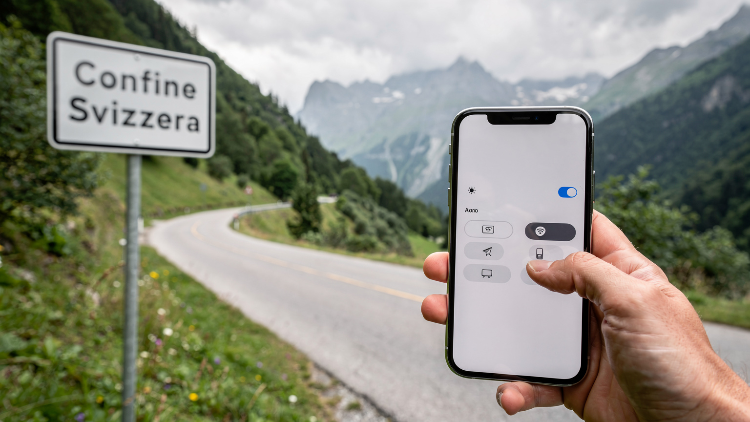 Un cartello stradale mostra la direzione per il confine tra Italia e Svizzera, con un telefono in primo piano che mostra le impostazioni di rete mobile.