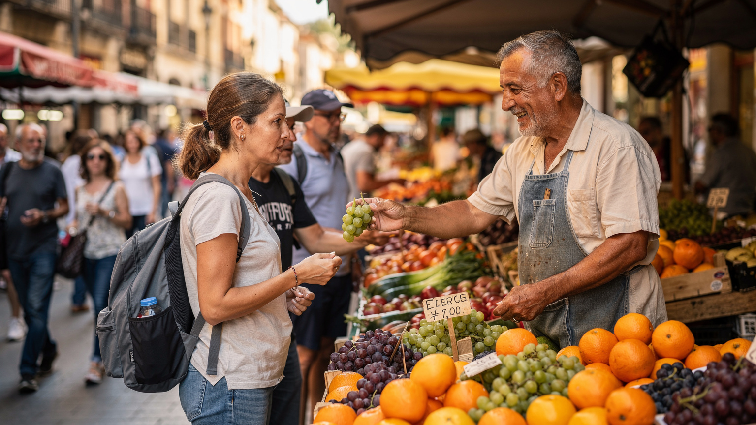 O scenă dintr-o piață aglomerată din Madrid, Spania, cu un vânzător de fructe oferind o mostră unui turist, care este distras de un alt personaj din fundal ce pare să-i vizeze rucsacul.
