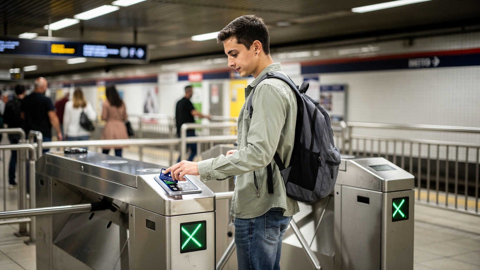 Un călător își validează un card de transport public la poarta de acces a unei stații de metrou aglomerate din Madrid, Spania, cu o expresie de concentrare pe chip.