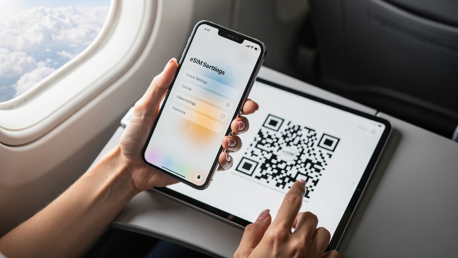 Tangan seorang wanita memegang ponsel dengan tampilan pengaturan seluler, siap memindai QR code eSIM di layar tablet sebelahnya, dengan latar belakang jendela pesawat.