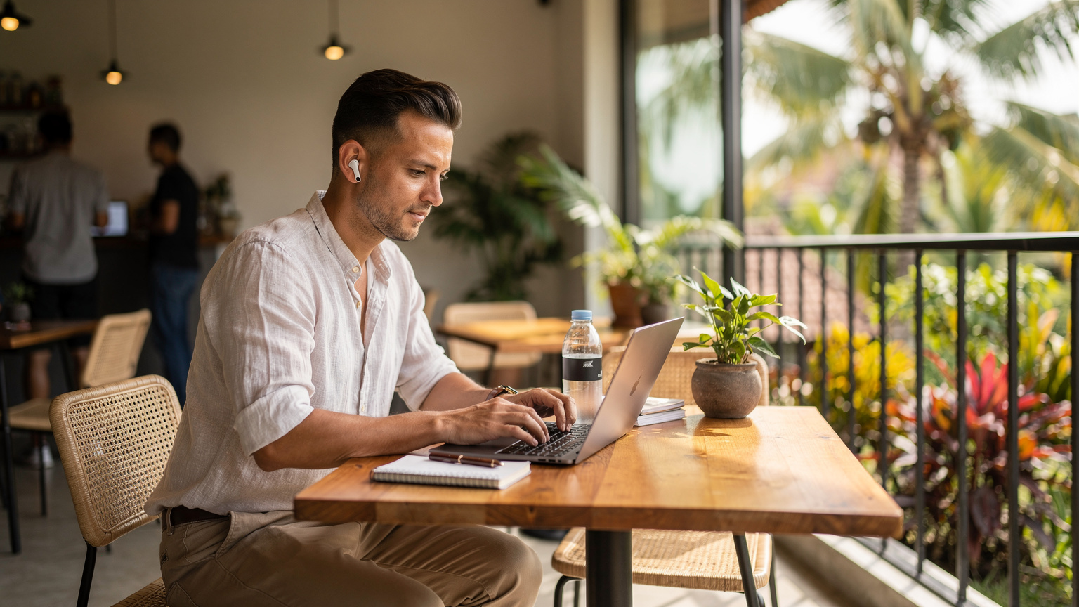 Seorang digital nomad sedang bekerja di laptopnya di sebuah co-working space modern di Canggu, Bali, dengan pemandangan hijau di luar jendela, menunjukkan koneksi internet yang stabil.