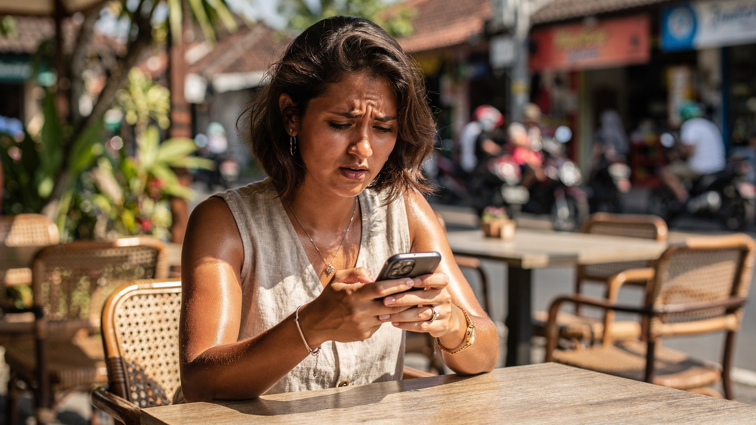 Seorang wanita muda duduk di sebuah kafe pinggir jalan di Seminyak, Bali, sedang melihat ponselnya dengan ekspresi sedikit cemas, mungkin karena masalah koneksi atau kuota.