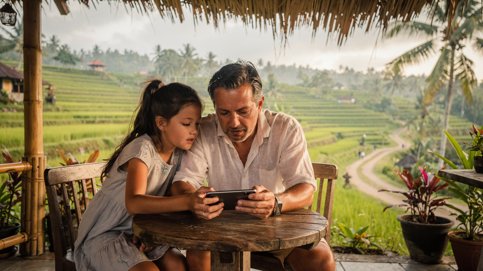 Seorang ayah dan anak perempuan sedang melihat-lihat peta digital di ponsel mereka, sambil duduk di kafe dengan pemandangan sawah terasering di Ubud, Bali.