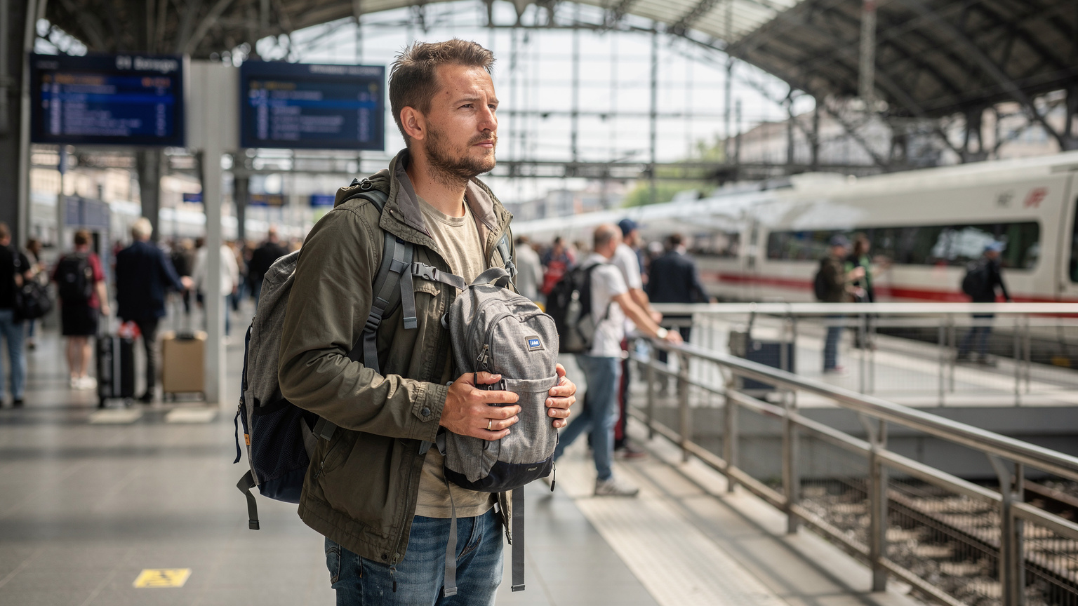 Un mochilero con una mochila gris, mirando con cautela a su alrededor, mientras sostiene su mochila por delante en una estación de tren concurrida en Alemania, con un tren ICE de fondo.