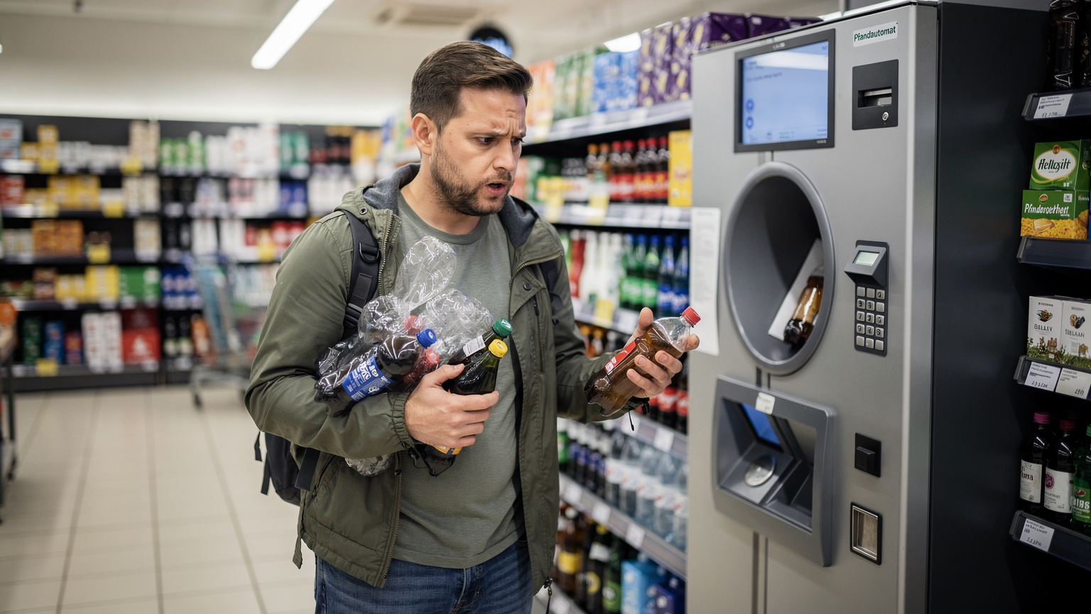 Un turista con una expresión de perplejidad y frustración, intentando usar una máquina de reciclaje de botellas (Pfandautomat) en un supermercado alemán, con varias botellas de plástico en sus manos.
