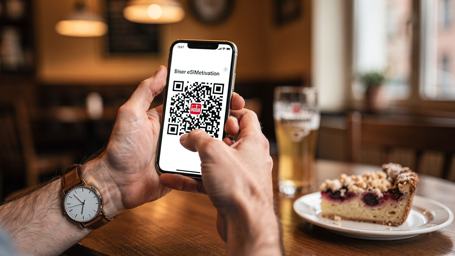 Manos de un viajero sosteniendo un iPhone mostrando un código QR en pantalla para la activación de una eSIM, con el fondo desenfocado de una acogedora cafetería alemana con pasteles y café.
