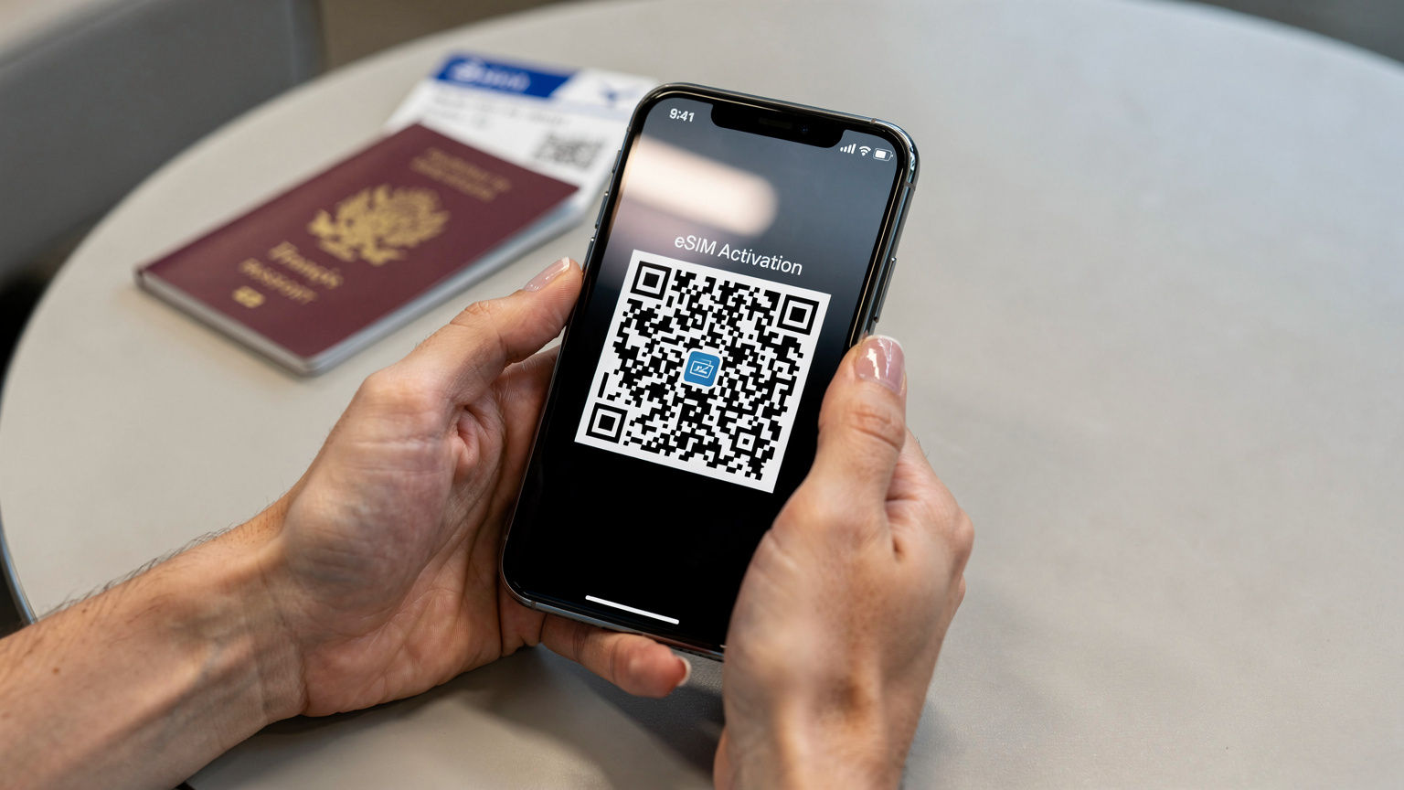 Gros plan sur des mains tenant un smartphone affichant un QR code pour l'activation d'une eSIM, avec un passeport français et une carte d'embarquement posés sur une table d'aéroport.