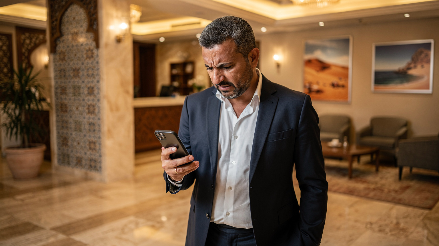 Un homme d'affaires frustré regarde son téléphone sans signal dans un hall d'hôtel à Oran, avec une expression de perplexité et d'irritation.