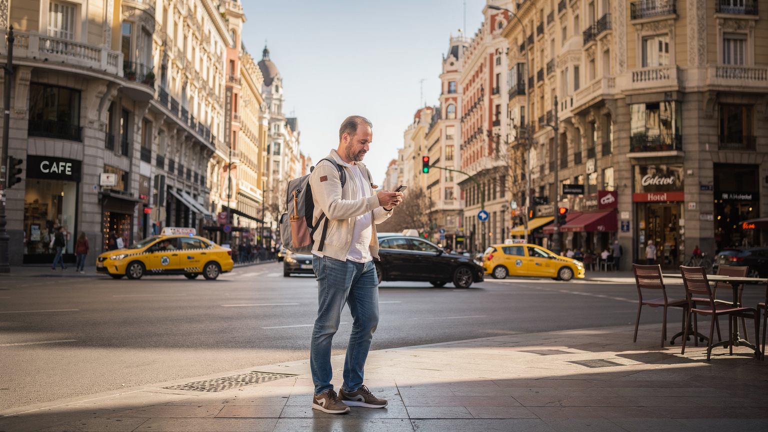 Madrid'in canlı sokaklarından birinde, elindeki akıllı telefondan yol tarifi alan bir gezgin.