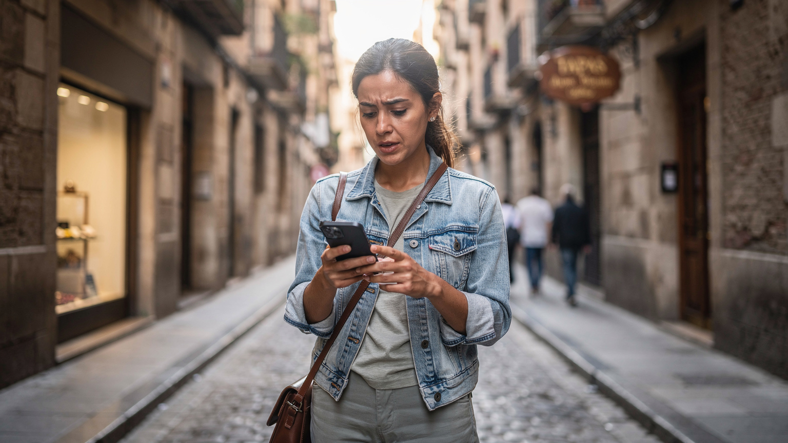 İspanya'da eSIM kullanarak kesintisiz bağlantı sağlayan bir gezgin, El Born mahallesinde telefonundan harita kontrol ederken.