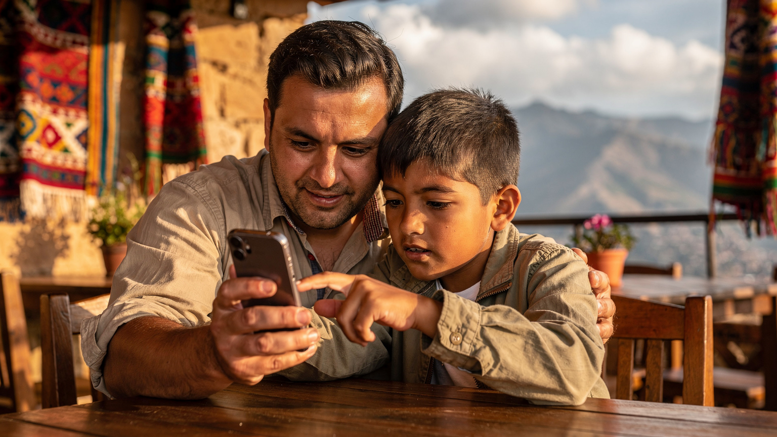 Un père et son fils consultent ensemble un smartphone Galaxy S25 pour vérifier le niveau de data restant, sur fond de paysage équatorien.
