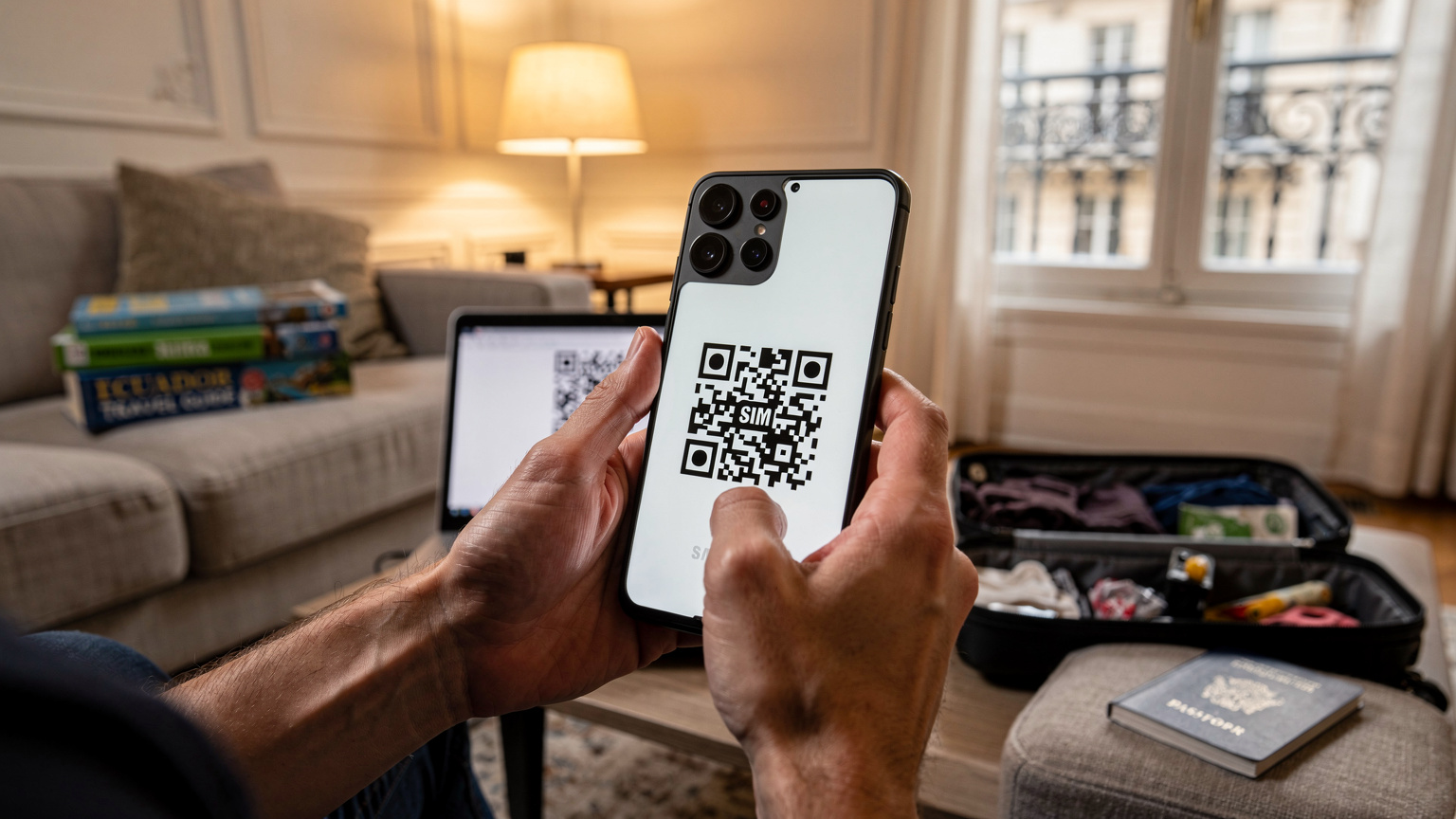 Des mains tenant un smartphone Galaxy S25 sur le point de scanner un QR code d'eSIM affiché sur un autre écran, dans un décor qui évoque un salon avant un départ en voyage.