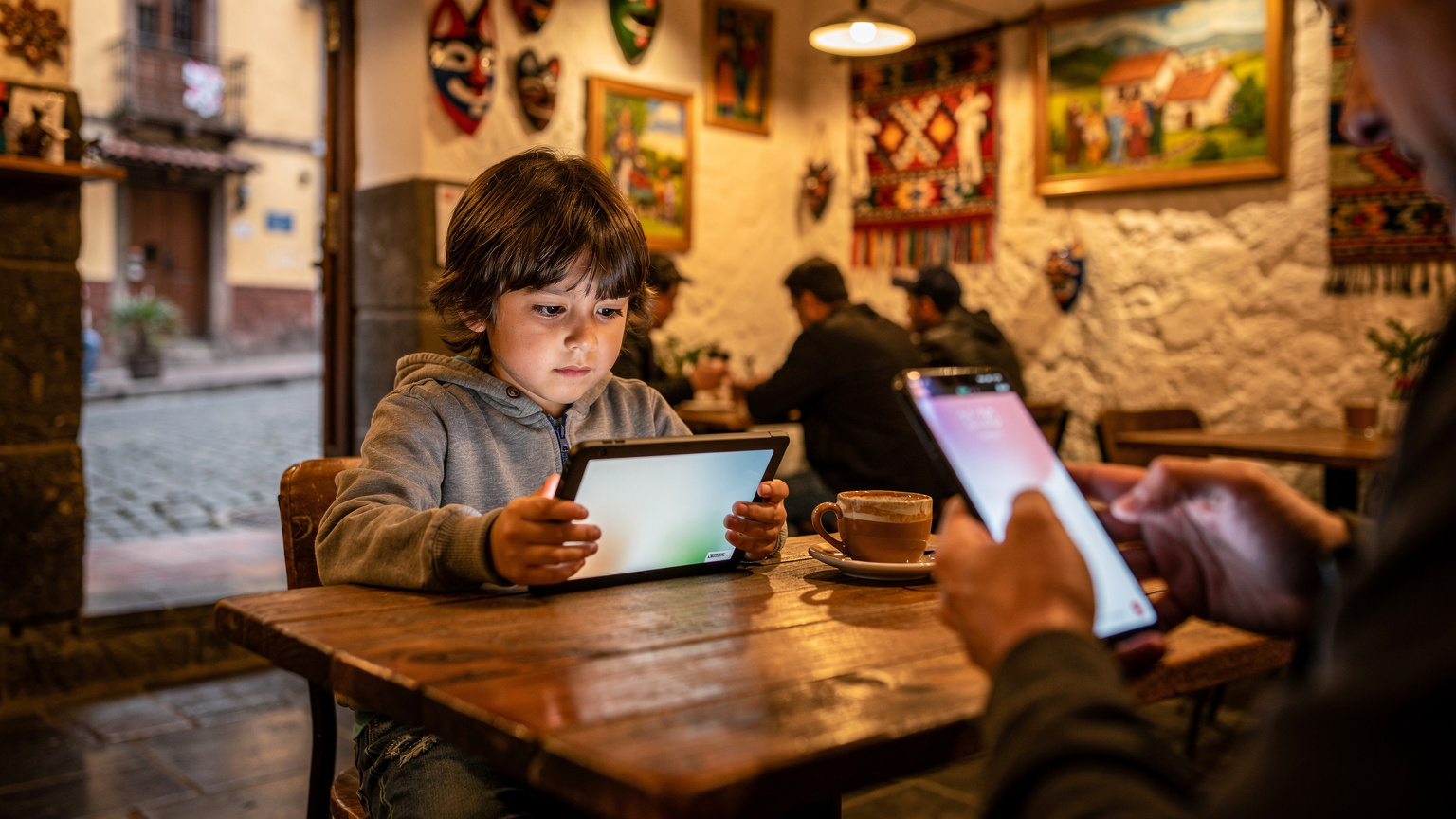 Un enfant regarde une vidéo sur une tablette, tandis qu'un adulte surveille l'utilisation des données sur un Galaxy S25, dans un café équatorien avec une ambiance chaleureuse.