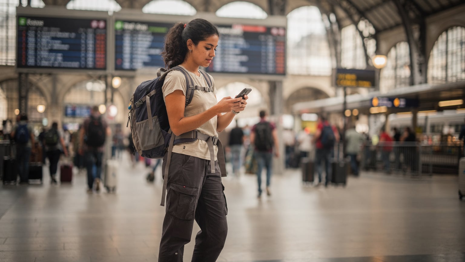 Un viajero con una mochila pequeña consulta su teléfono móvil en la estación de tren Gare du Nord en París, con los carteles de los trenes al fondo y una sonrisa de alivio.