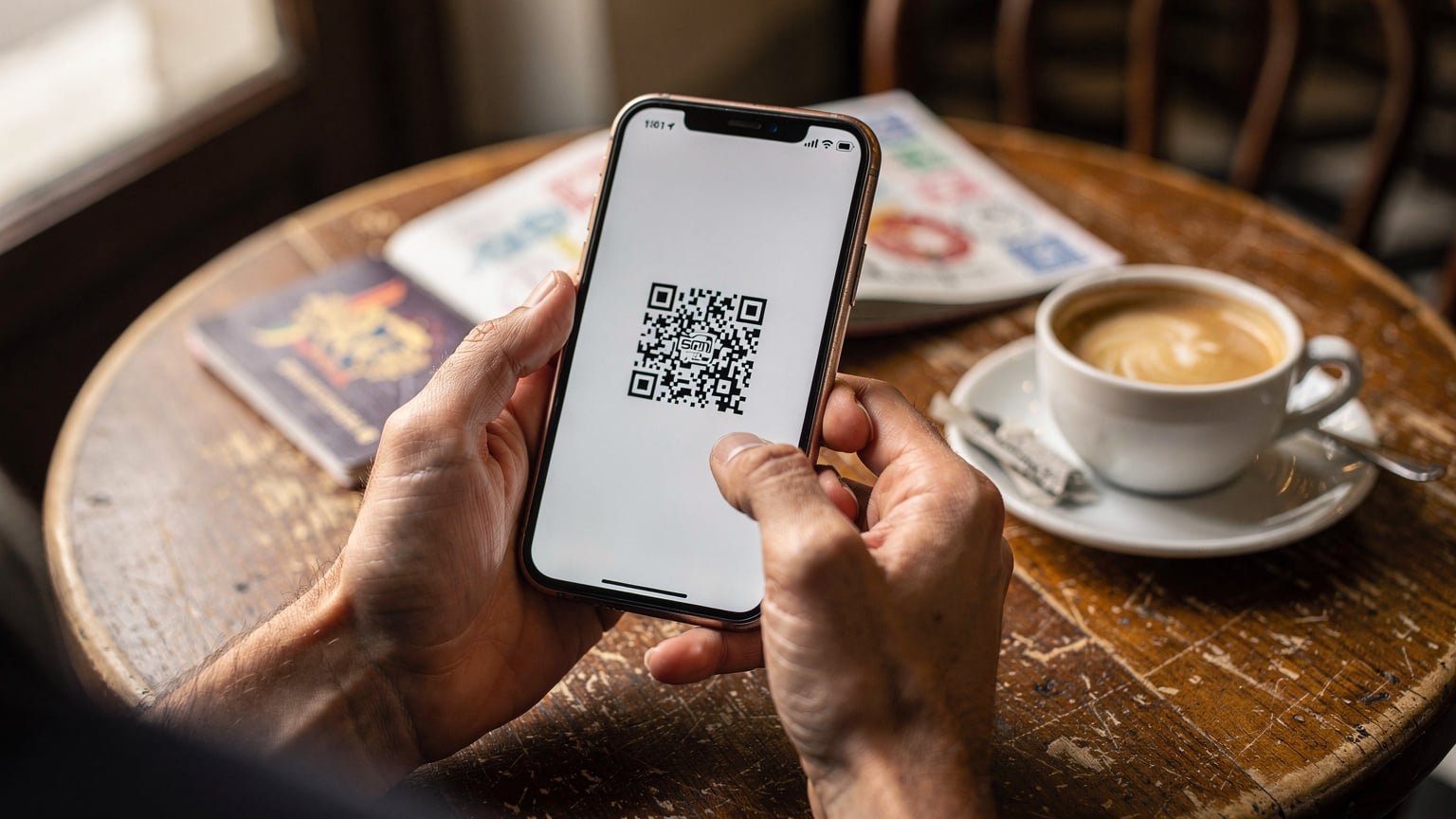 Manos de un viajero sosteniendo un smartphone, mostrando un código QR de activación de eSIM en la pantalla, con un pasaporte abierto y una taza de café en una mesa de madera de un café parisino.