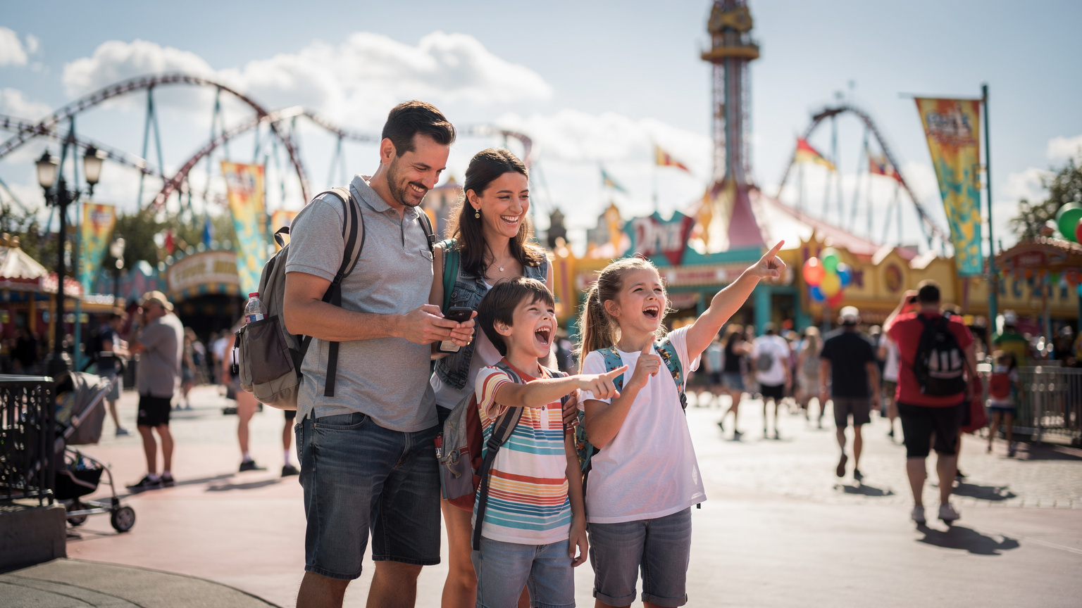 A family of four enjoying a sunny day at a theme park, with parents discretely checking a mobile app on their phone for ride wait times, while children are happily distracted by a colorful park attraction.