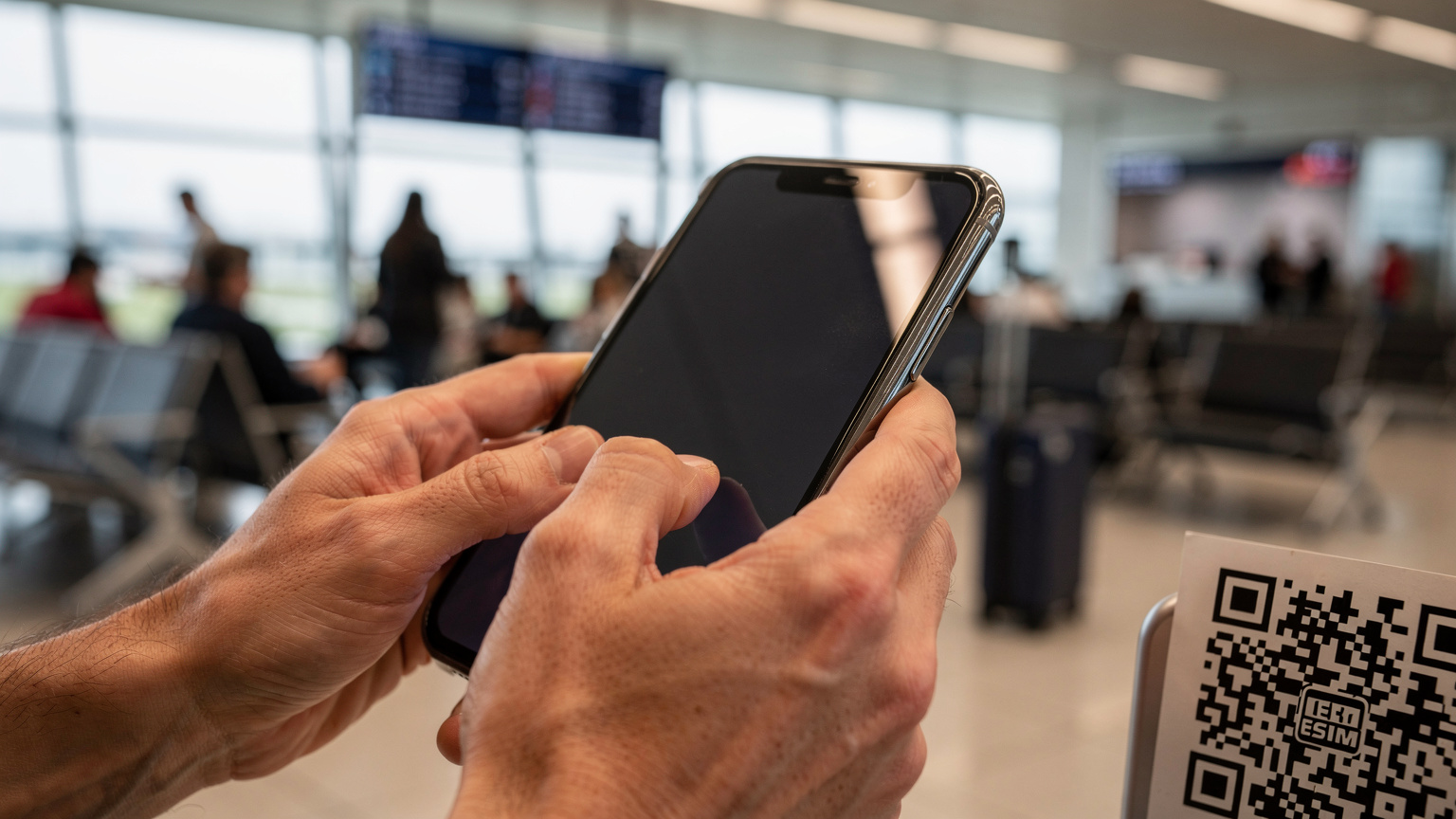 Close-up of a parent's hands holding a smartphone, carefully scanning a QR code for eSIM activation, with a blurred backdrop of an airport departure lounge.