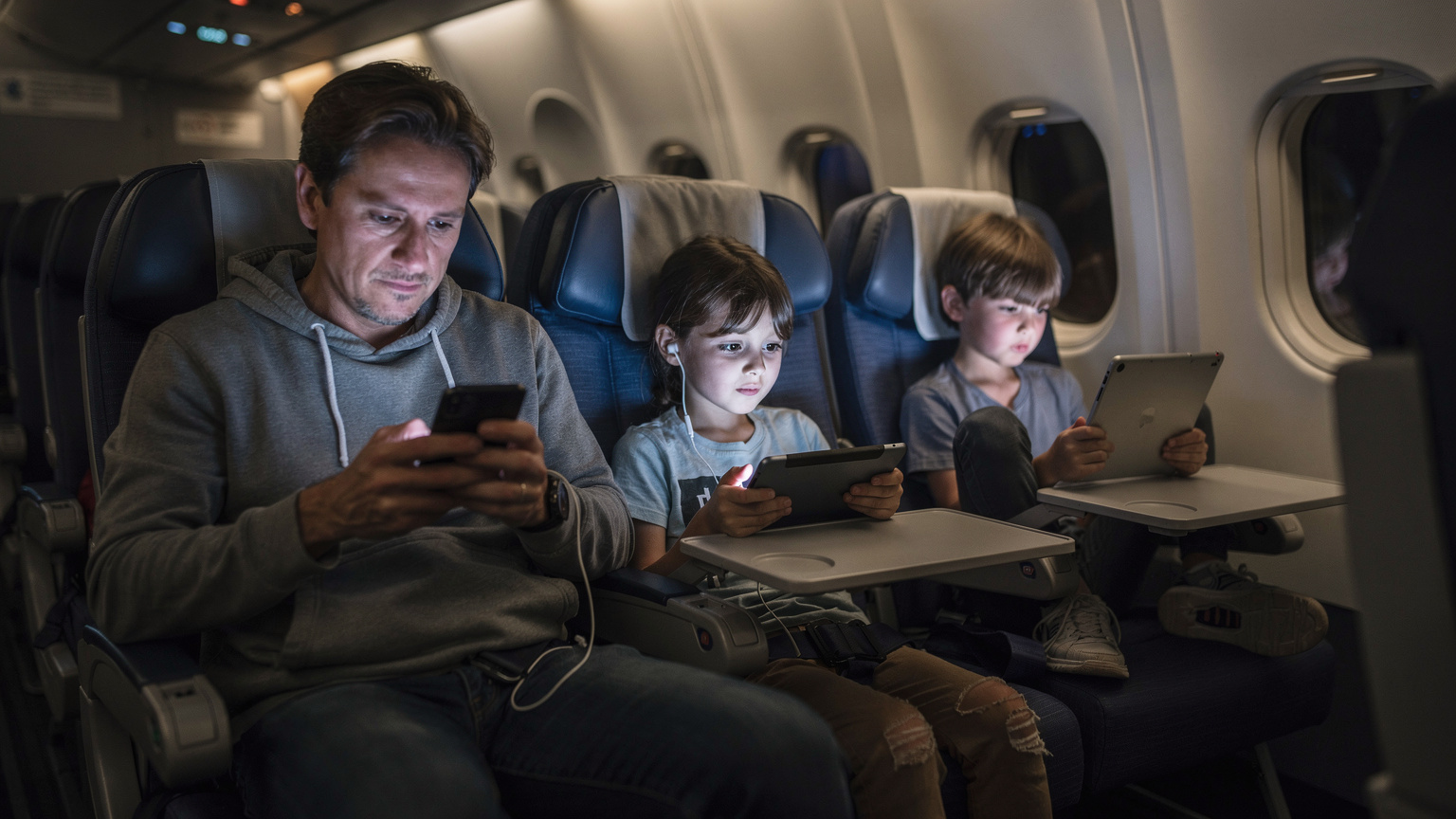 A parent looking at their phone, while two children are engrossed in watching content on separate tablets during a long-haul flight, with blurred aircraft interior in the background.