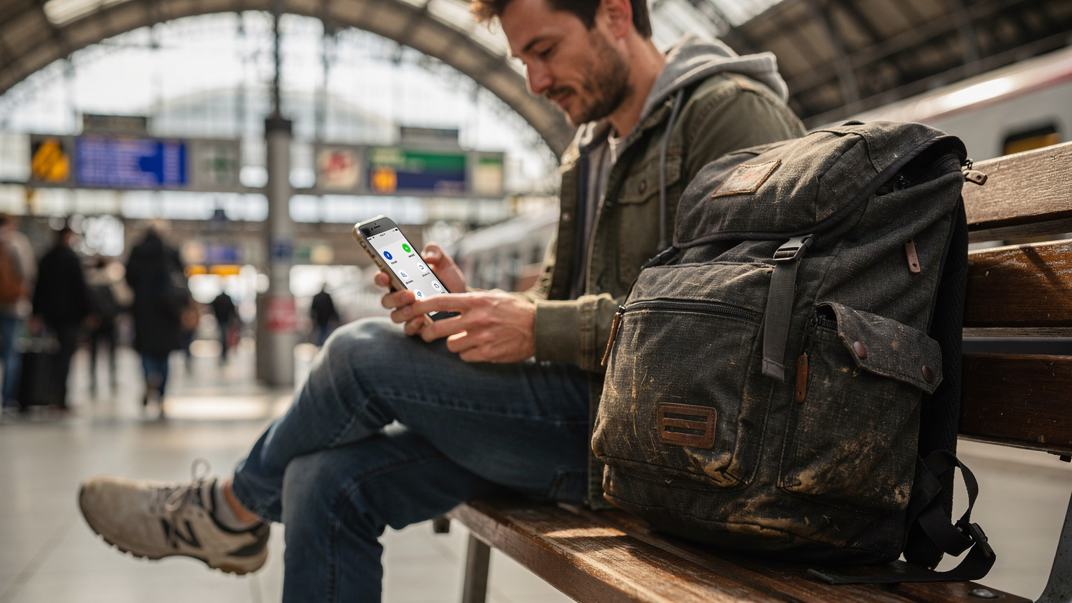 Un voyageur consulte la section 'Données cellulaires' de son iPhone, affichant les applications qui consomment le plus de data. Il est assis sur un banc dans une gare européenne animée, l'écran de son téléphone est lumineux.