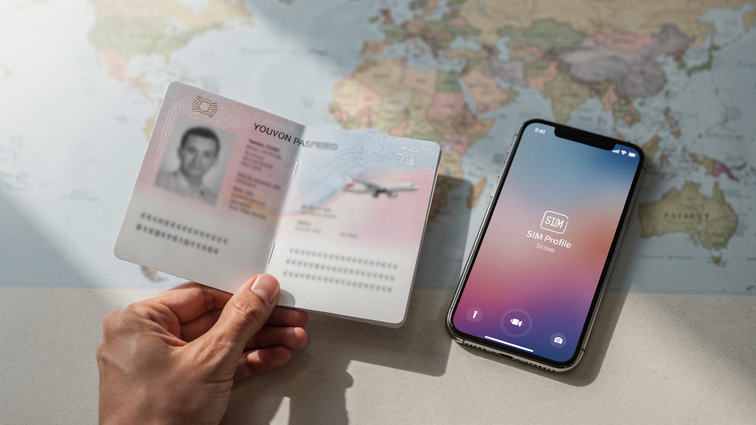 Une main tenant un passeport ouvert et un smartphone affichant un écran de sélection de profil eSIM, avec une carte géographique floue en arrière-plan, symbolisant la connectivité mondiale.