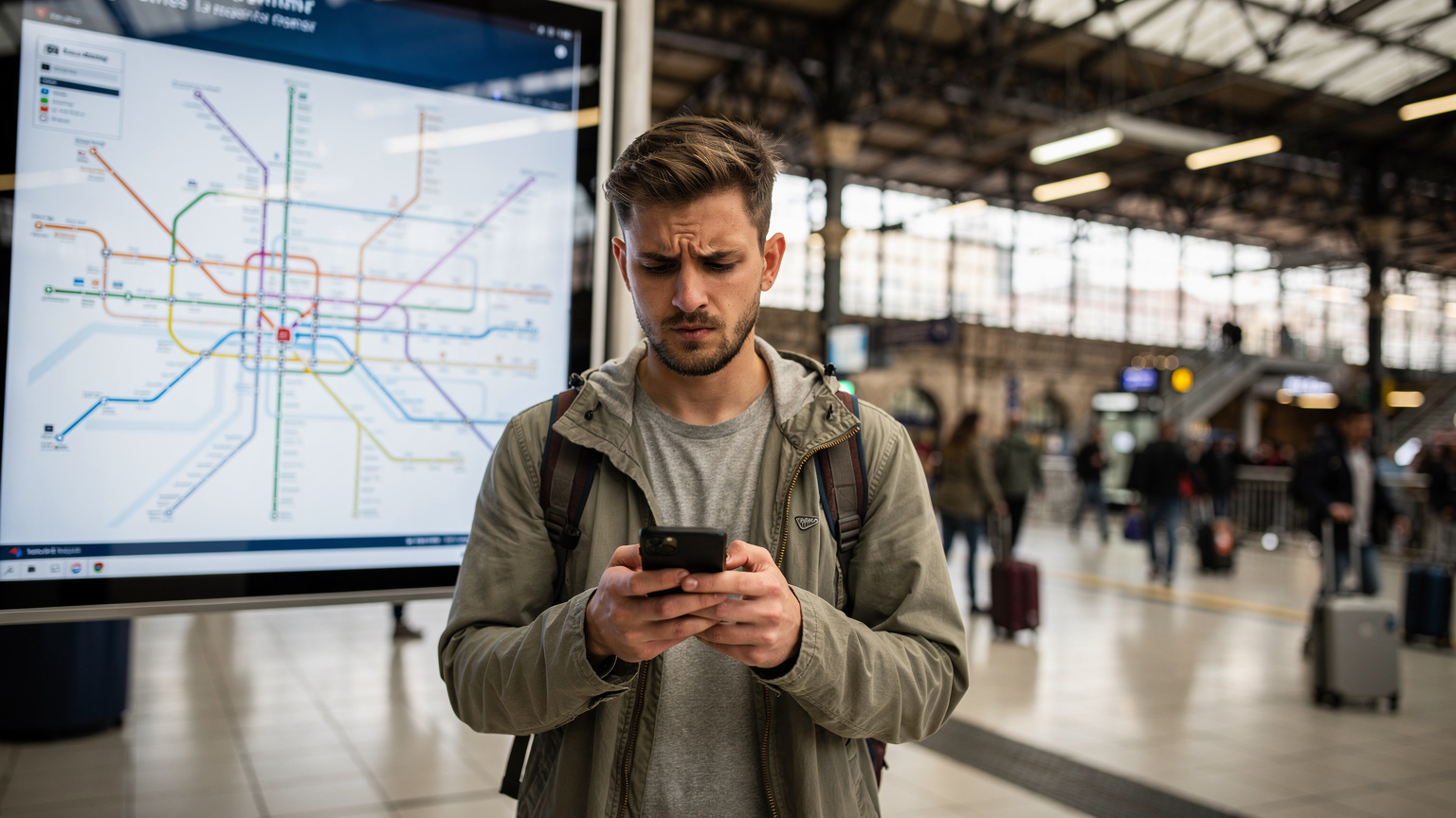 Un jeune homme, l'air frustré, tient son smartphone à deux mains devant une carte de transport en commun illisible ou complexe dans une gare bondée d'une grande ville européenne, symbolisant un moment de stress de voyage sans connexion.