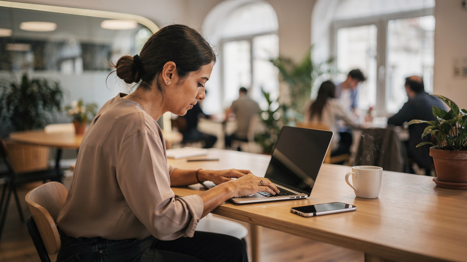 A woman working intently on her laptop at a desk in a modern, open-plan co-working space in Lisbon, with a coffee cup and a phone nearby.