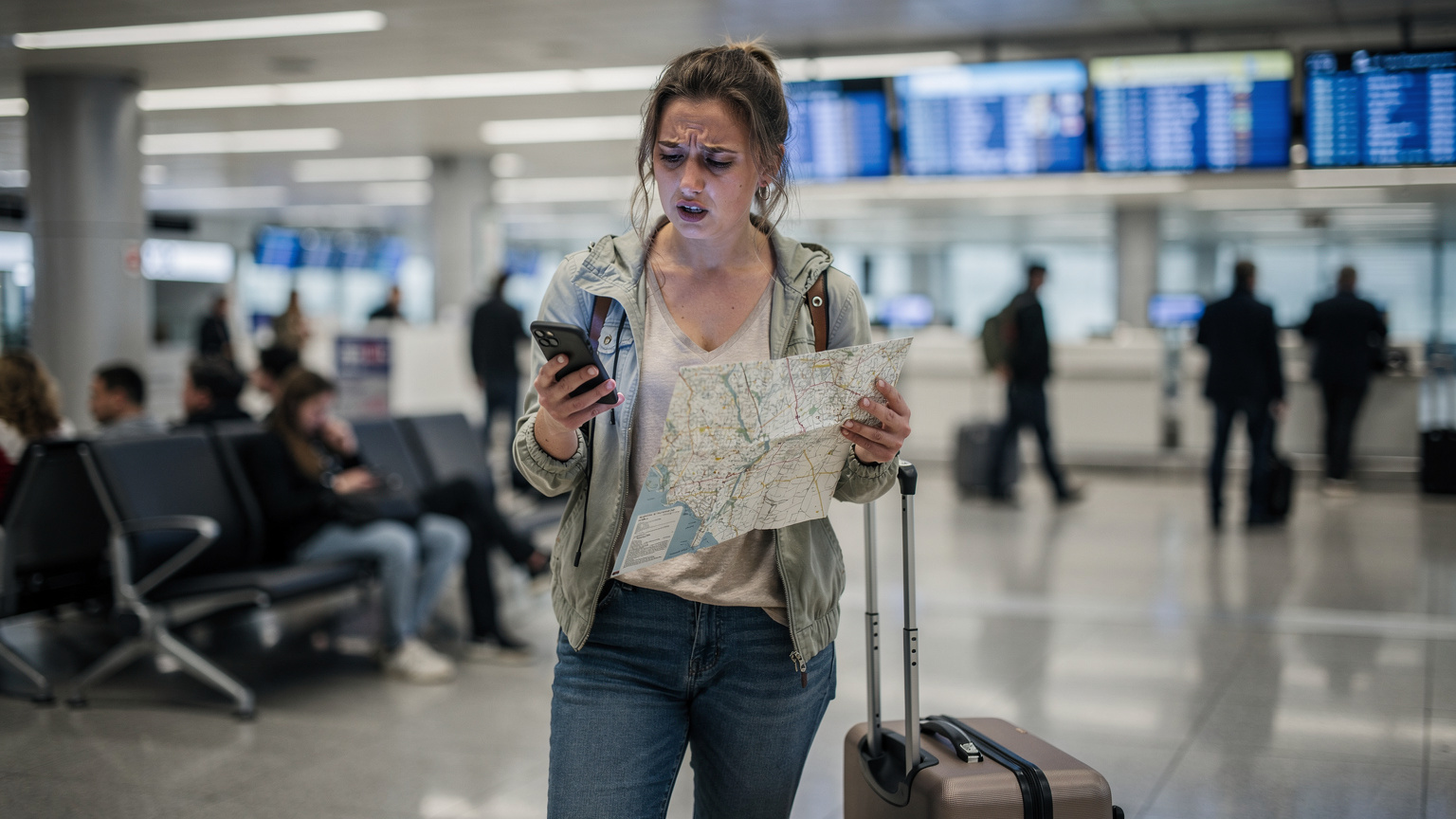 A worried traveler at a bustling airport gate, holding a smartphone and a crumpled paper map, looking confused with her luggage beside her.