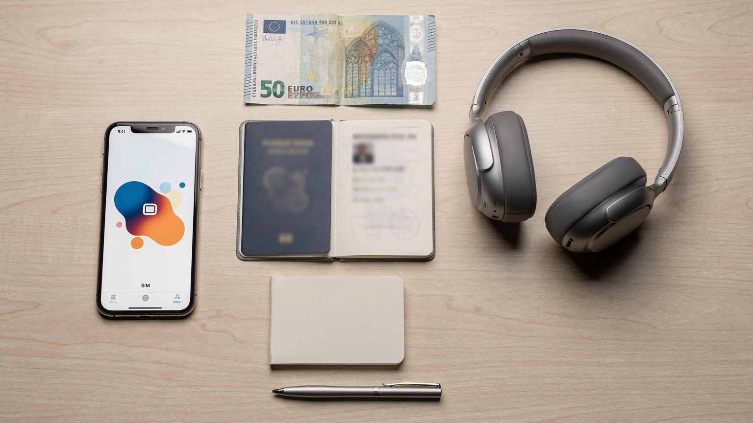 An overhead flat lay of a meticulously organized travel essentials setup, featuring a passport, a smartphone displaying an eSIM profile, headphones, a local currency banknote, and a notebook.