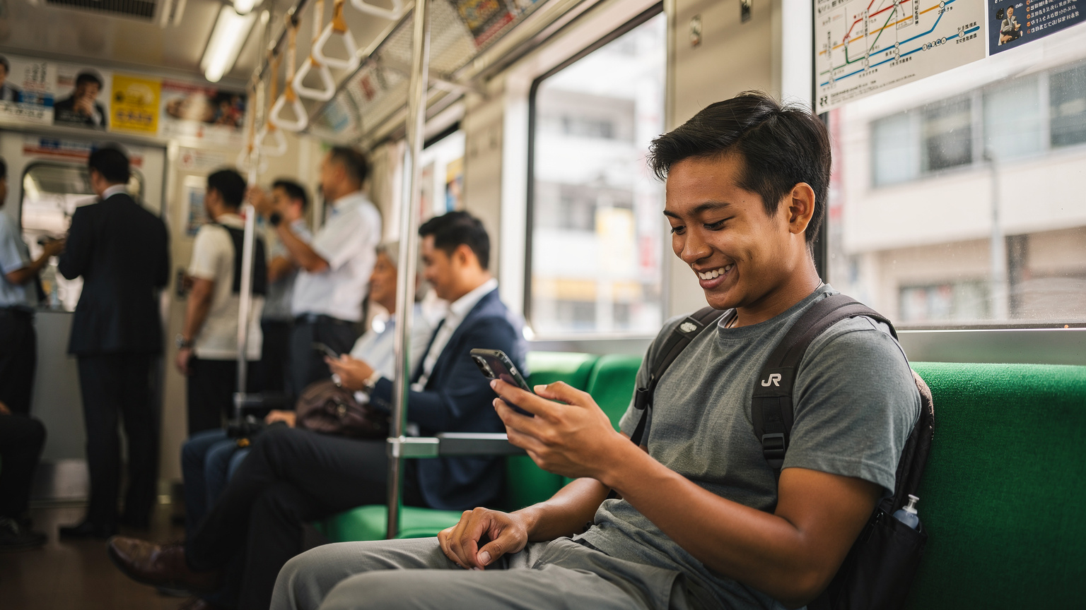 Seorang pengembara muda duduk di dalam gerabak kereta api JR Yamanote yang sesak di Tokyo, tersenyum sambil melakukan panggilan video dengan keluarga menggunakan telefonnya, memaparkan kemudahan eSIM walaupun dalam keadaan bergerak.
