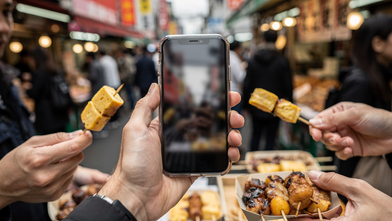 Sekumpulan rakan Malaysia sedang menikmati makanan jalanan di pasar Tsukiji Outer Market yang sibuk, salah seorang daripada mereka menunjukkan tangannya yang memegang telefon, cuba memuat naik gambar dan video ke media sosial.