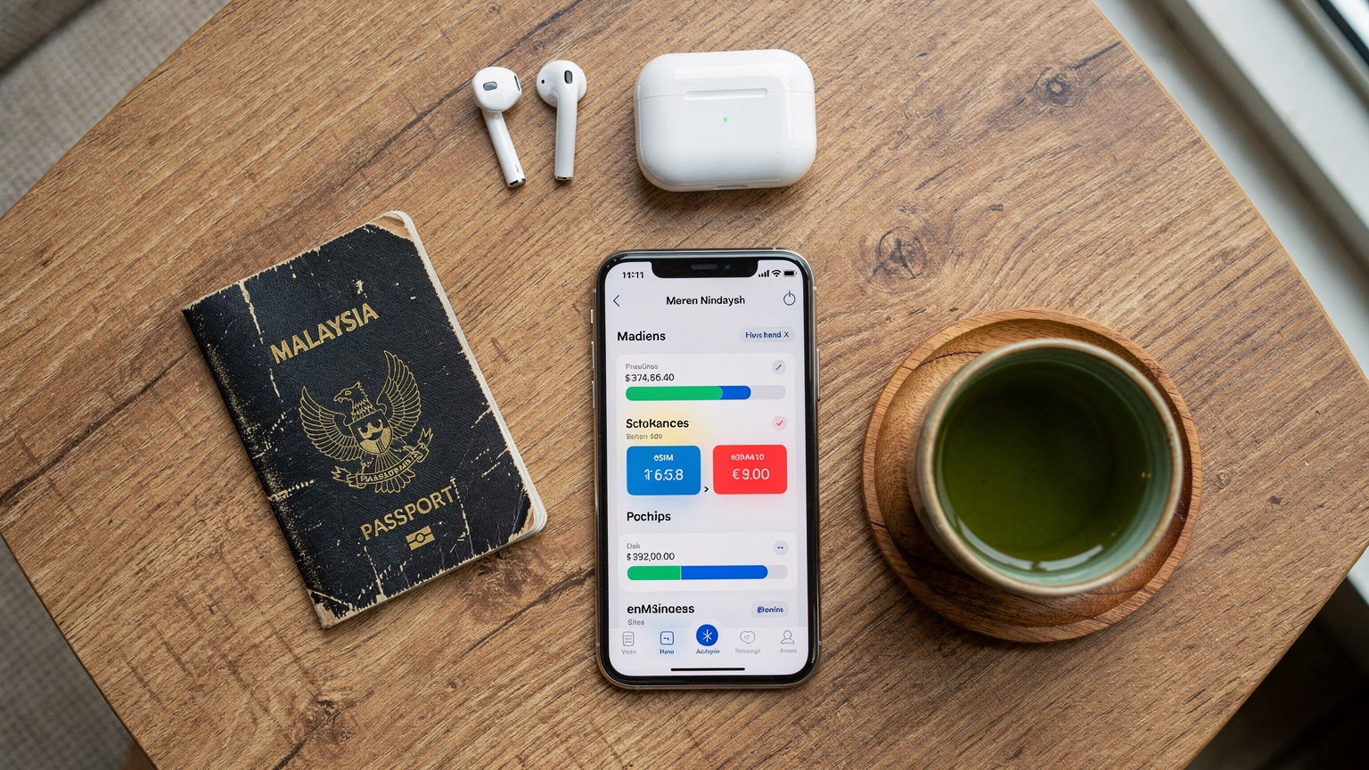 Pandangan atas meja kopi dengan pasport, telefon bimbit memaparkan skrin perbandingan harga eSIM, dan secawan teh hijau, menggambarkan proses perancangan perjalanan ke Jepun.