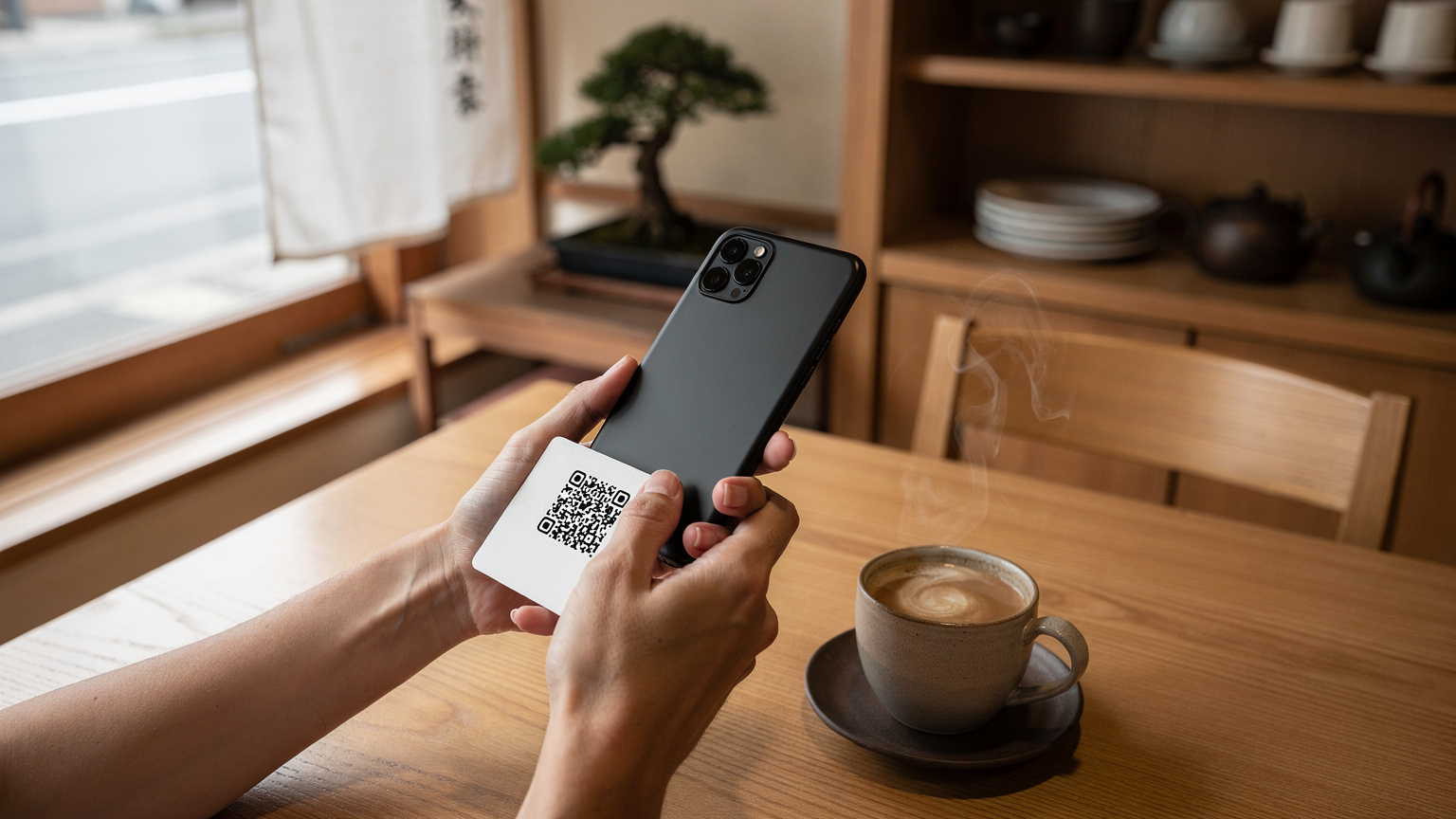 Seorang pengembara sedang menikmati secawan kopi panas di kafe moden di Kyoto, sambil mengaktifkan eSIM baharu melalui imbasan kod QR pada telefon pintarnya.