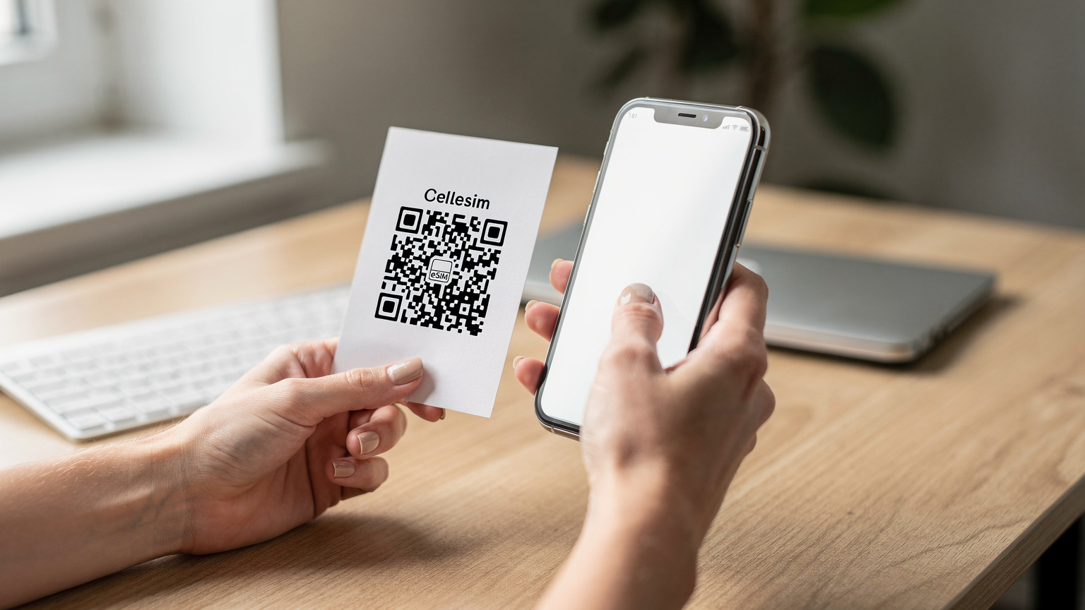 一名女性正在使用iPhone手機掃描Cellesim eSIM的QR碼, 準備激活中國大陸的數據套餐。