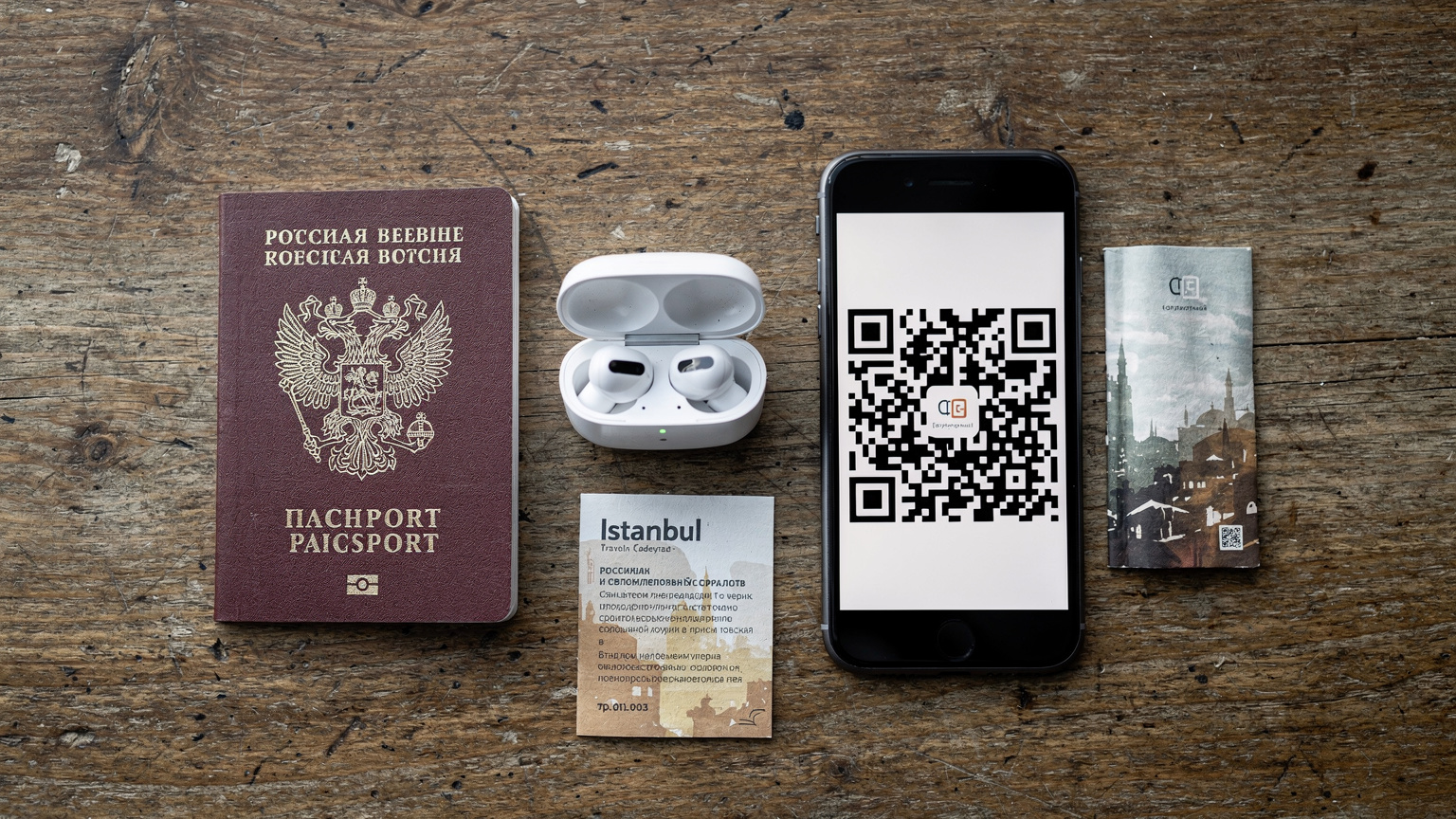 Аккуратный плоский кадр с российским паспортом, смартфоном с QR-кодом eSIM, беспроводными наушниками и небольшим буклетом гида по Стамбулу, лежащими на деревянном столе, демонстрирующий готовность к поездке.