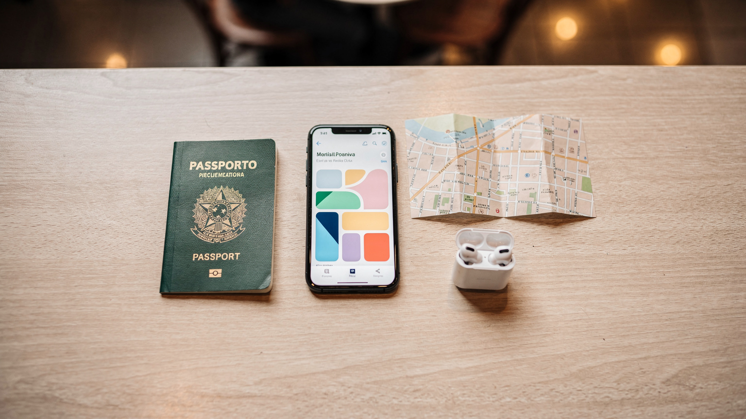 Uma vista aérea de um passaporte, um smartphone com um aplicativo de gerenciamento de dados na tela, um pequeno mapa dobrado e fones de ouvido sem fio, tudo organizado sobre uma mesa de madeira clara, com um café ao fundo.