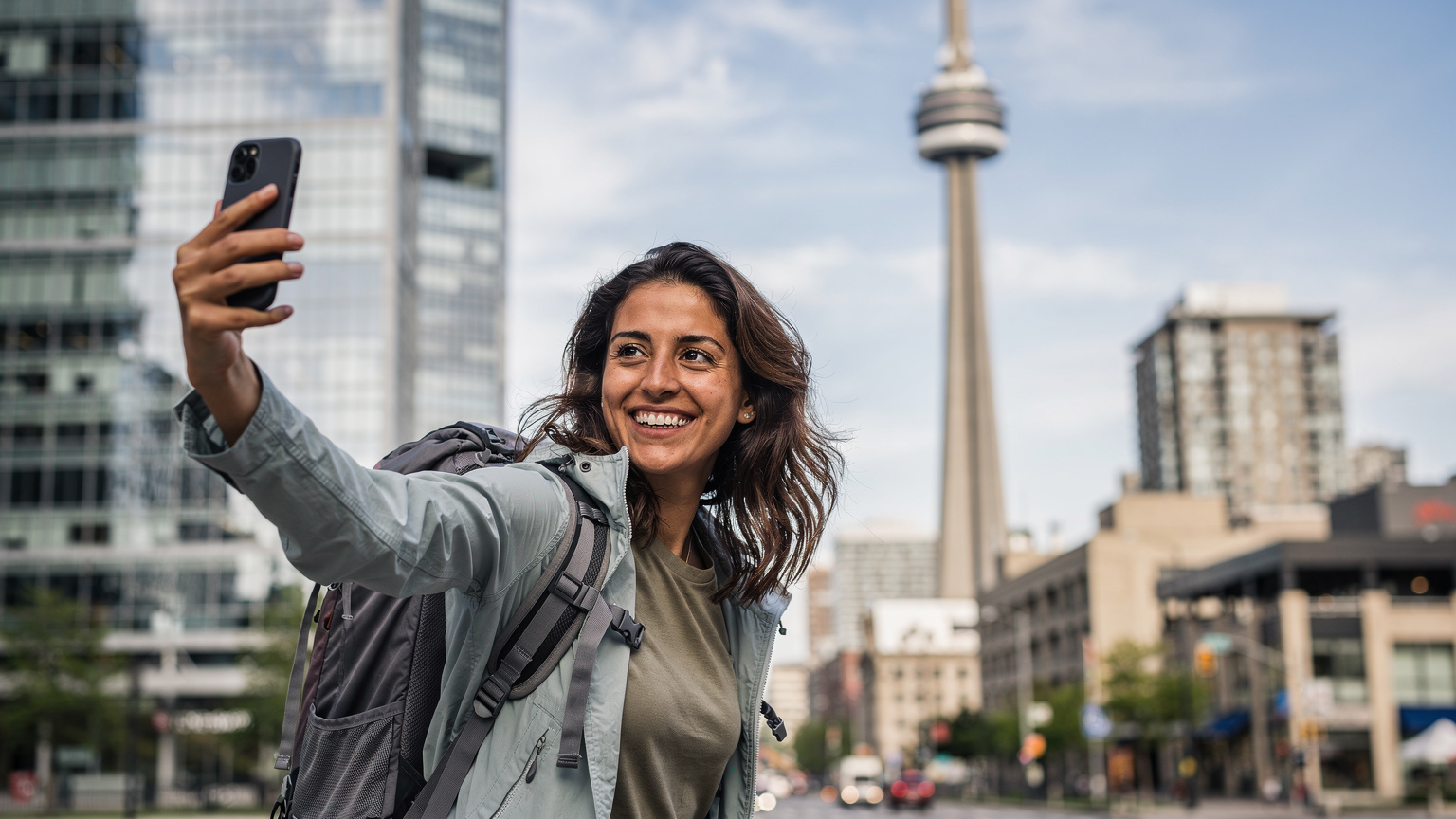 Uma viajante alegre, com um smartphone na mão, tira uma selfie com a icônica Torre CN de Toronto ao fundo, sob um céu azul claro, simbolizando a facilidade de conectividade em diferentes países.