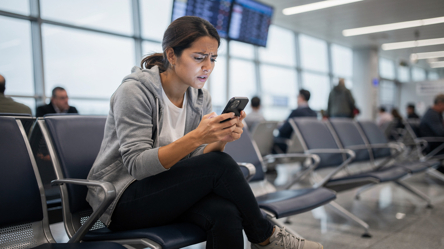 Uma viajante sentada em um banco de aeroporto, com o semblante preocupado enquanto olha para a tela de seu smartphone, tentando resolver um problema de conectividade, com um painel de voos desfocado ao fundo.