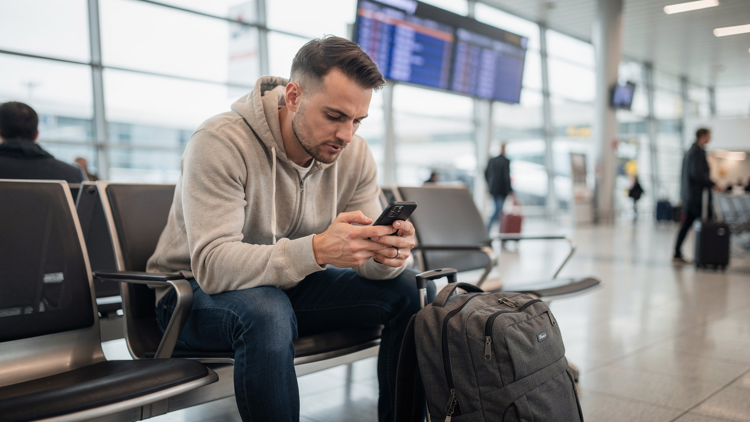 Ein Reisender am Flughafen Berlin Brandenburg (BER) wartet, während er auf seinem iPhone die eSIM-Einstellungen überprüft.