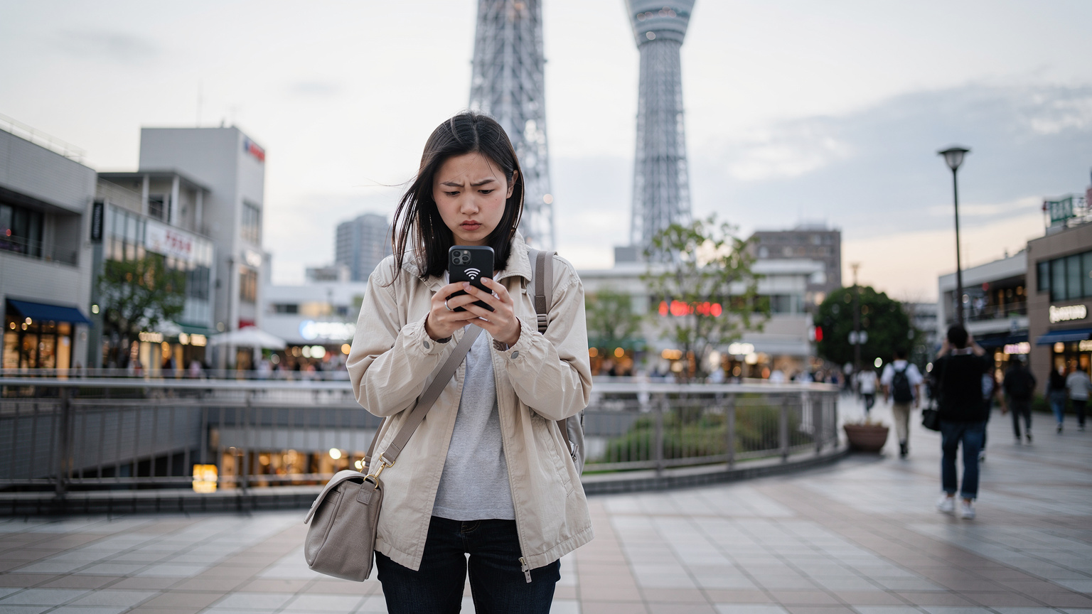一位旅客在東京晴空塔下,手機顯示信號弱,表情略顯焦慮。