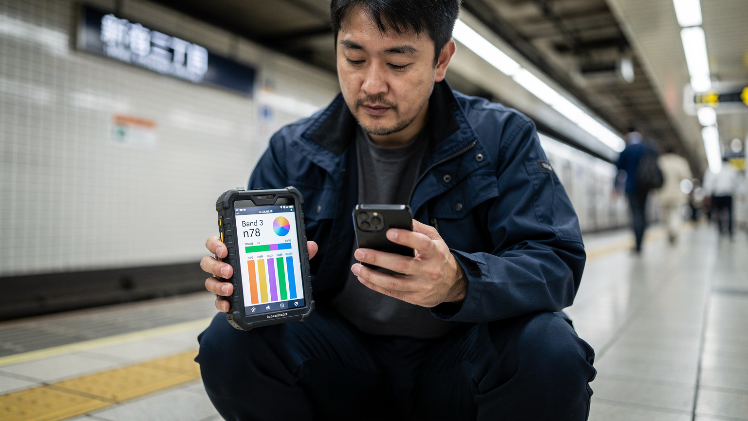 一位通信工程師正在地鐵站檢測網路信號,手機螢幕顯示著頻段資訊。